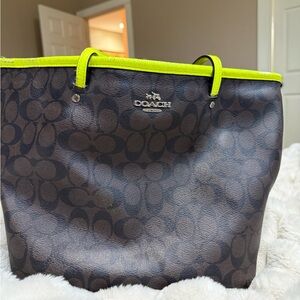 Coach Brown Tote with Neon Yellow Trim